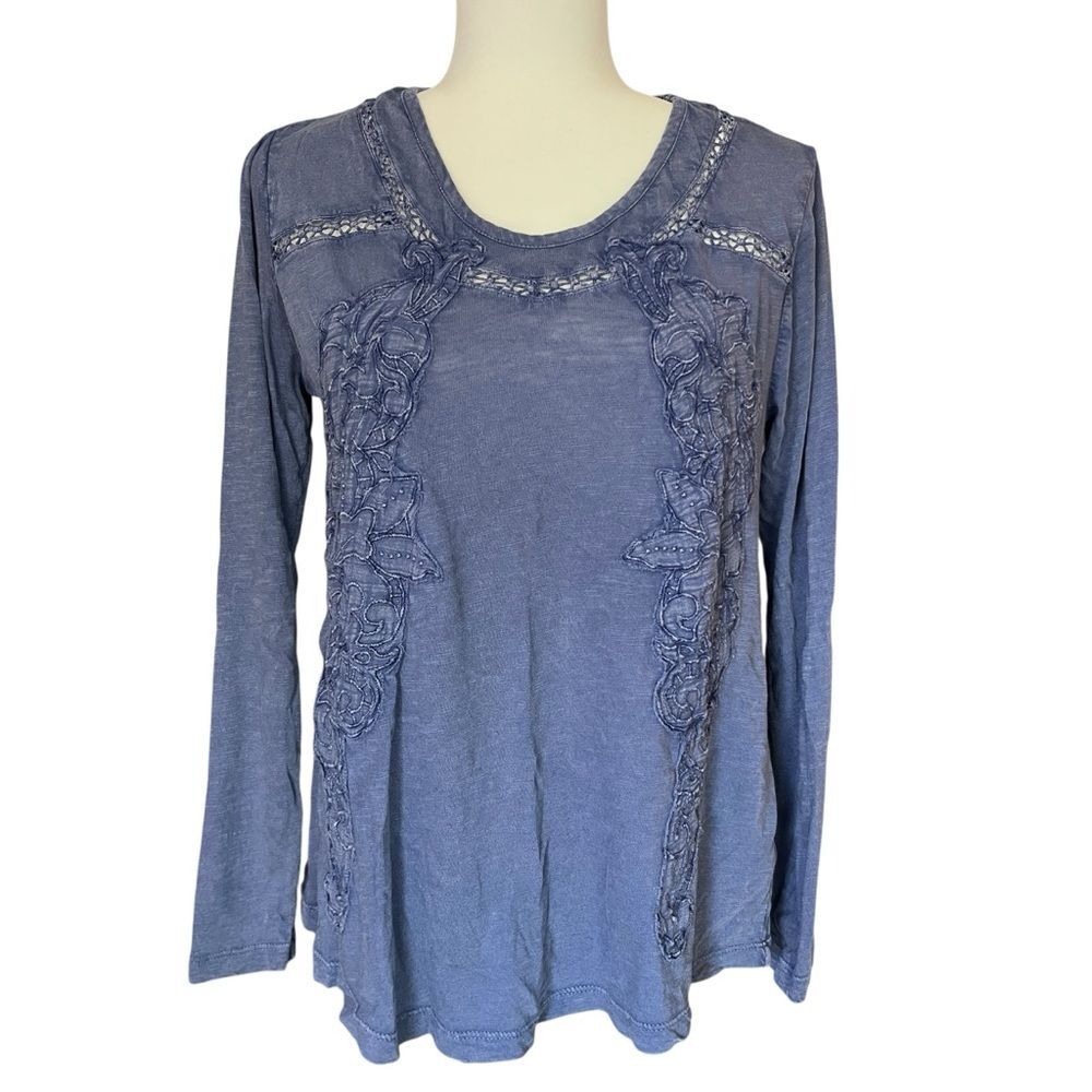 Soft Surroundings Blue Long Sleeve Top Cutout Floral Appliqué Women Petite Small